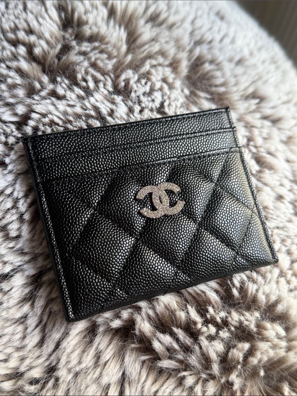 CHANEL Black Quilted Card Holder with Silver CC logo